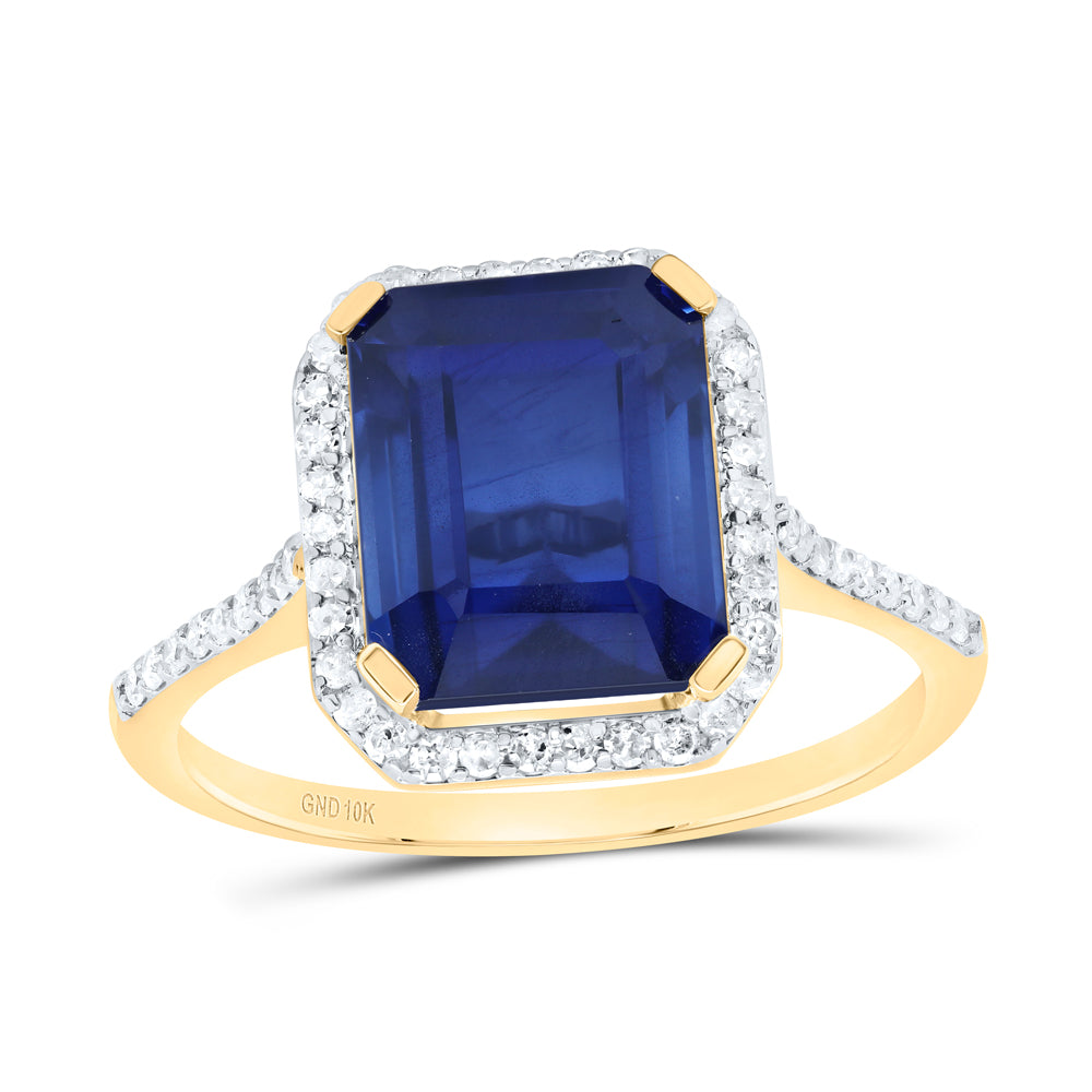 10K Yellow Gold 1/4Ctw Natural Diamond P1 10X8Mm Emerald Blue Sapphire Synthetic Ring