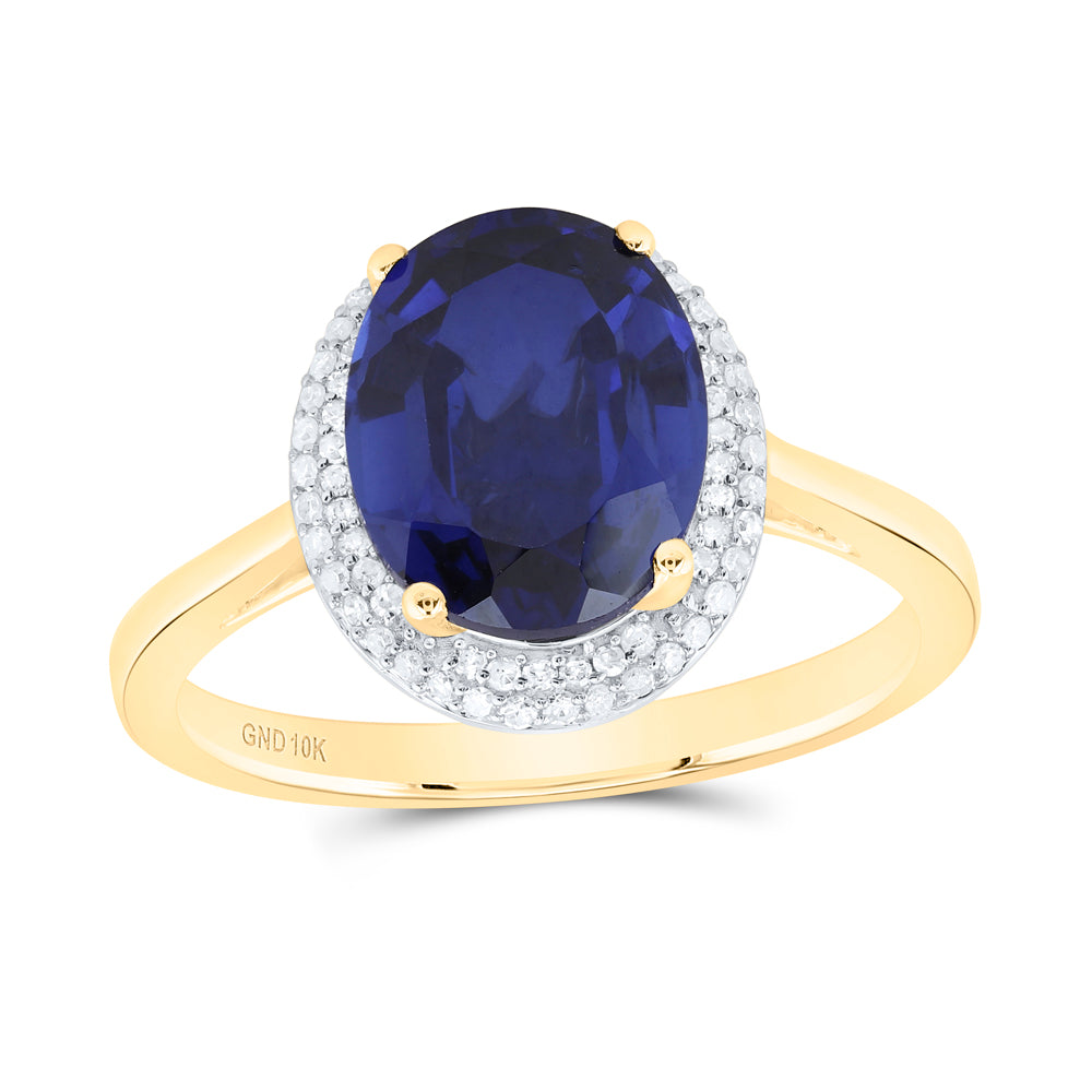 10kt Yellow Gold 1/6 Cttw Natural Diamond 10x8 Mm Oval Blue Sapphire Synthetic Wedding Engagement Anniversary Ring, Women Size: 5-9
