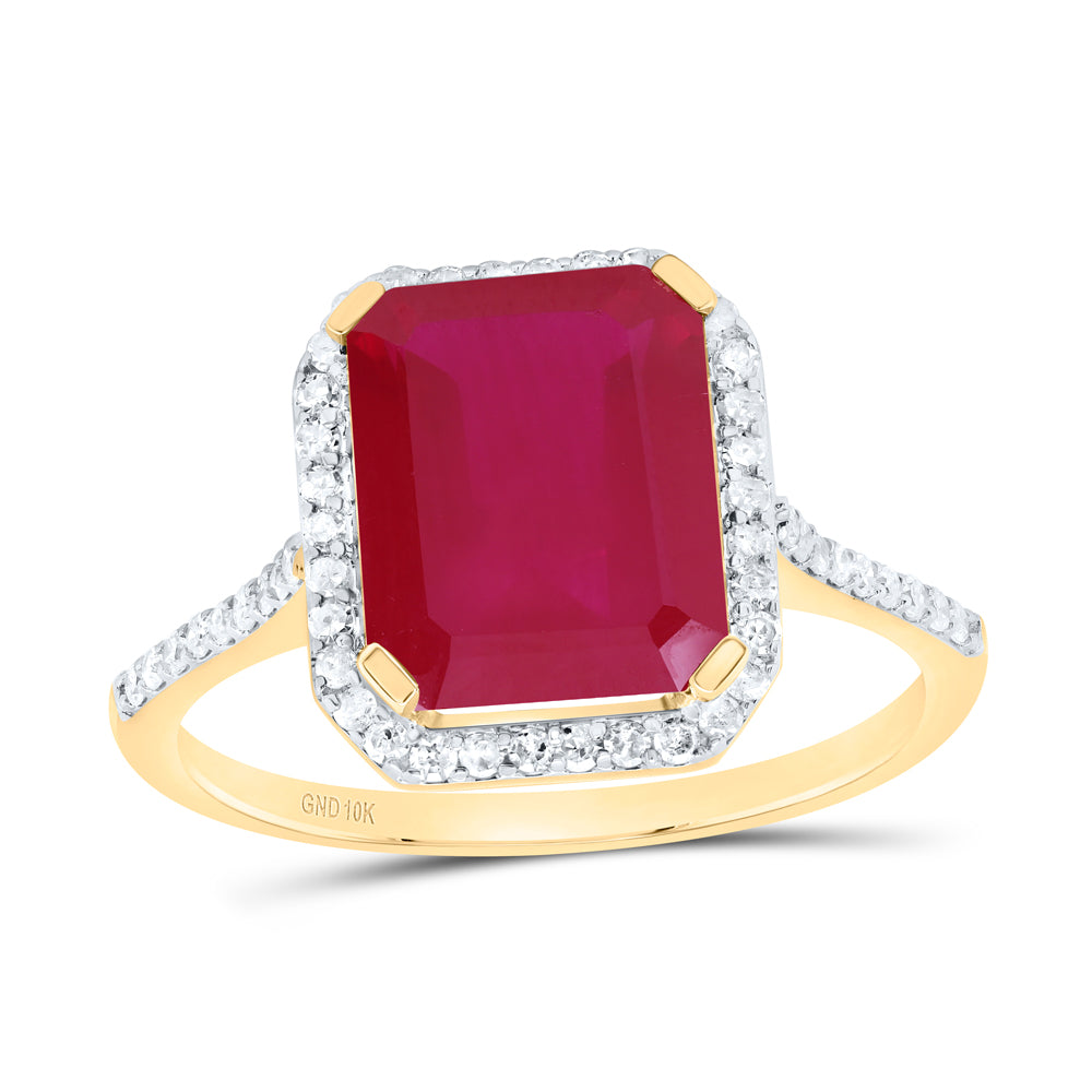 10kt Yellow Gold 1/4 Cttw Natural Diamond 10x8 Mm Emerald Ruby Synthetic Wedding Engagement Anniversary Ring, Women Size: 5-9