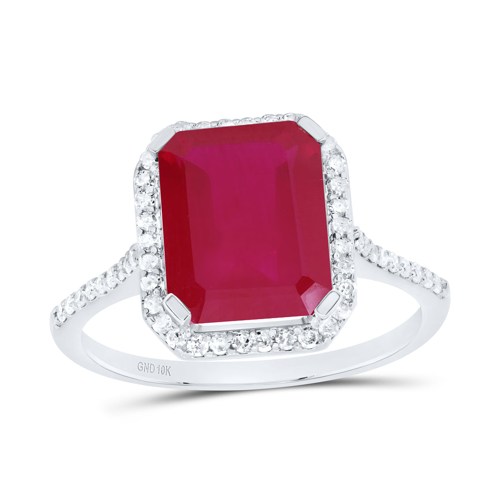 10kt White Gold 1/4 Cttw Natural Diamond 10x8 Mm Emerald Ruby Synthetic Wedding Engagement Anniversary Ring, Women Size: 5-9