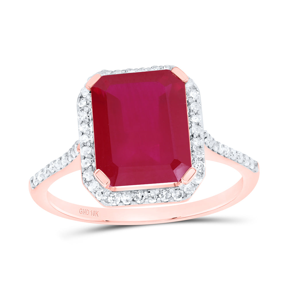 10kt Rose Gold 1/4 Cttw Natural Diamond 10x8 Mm Emerald Ruby Synthetic Wedding Engagement Anniversary Ring, Women Size: 5-9