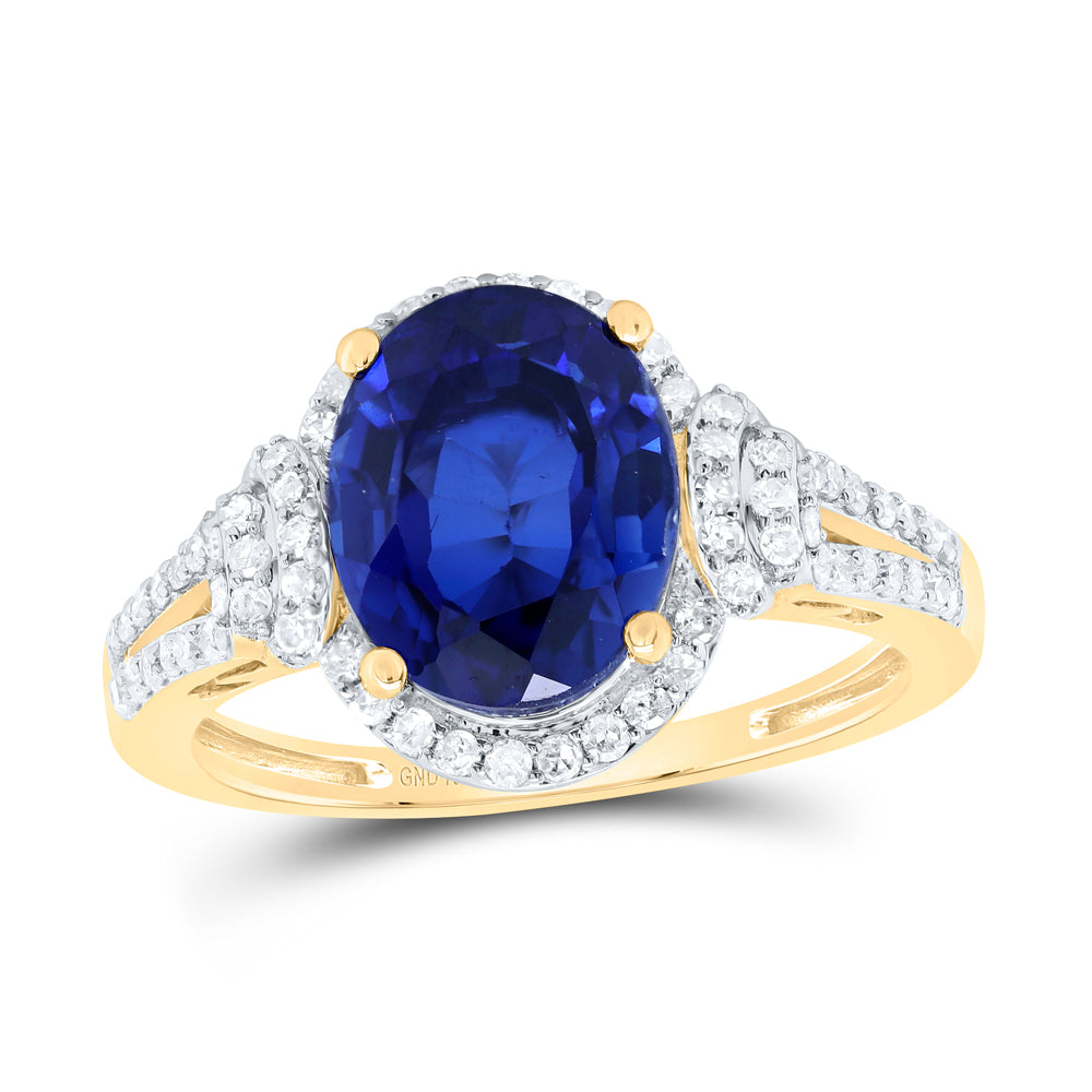 10kt Yellow Gold 3/8 Cttw Natural Diamond 10x8 Mm Oval Blue Sapphire Synthetic Wedding Engagement Anniversary Ring, Women Size: 5-9