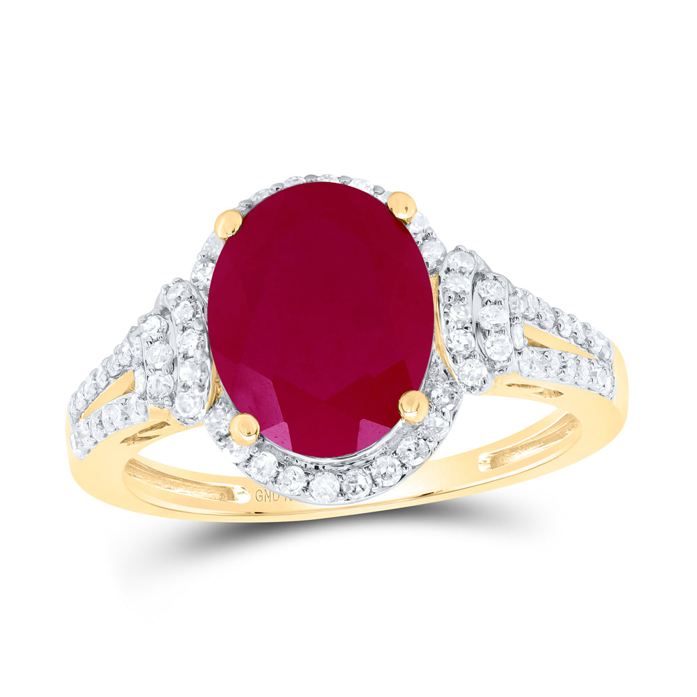 10kt Yellow Gold 3/8 Cttw Natural Diamond 10x8 Mm Oval Ruby Synthetic Wedding Engagement Anniversary Ring, Women Size: 5-9
