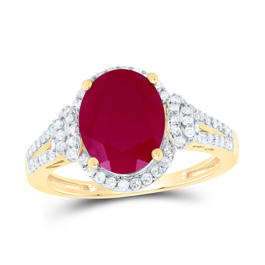 10kt Yellow Gold 3/8 Cttw Natural Diamond 10x8 Mm Oval Ruby Synthetic Wedding Engagement Anniversary Ring, Women Size: 5-9