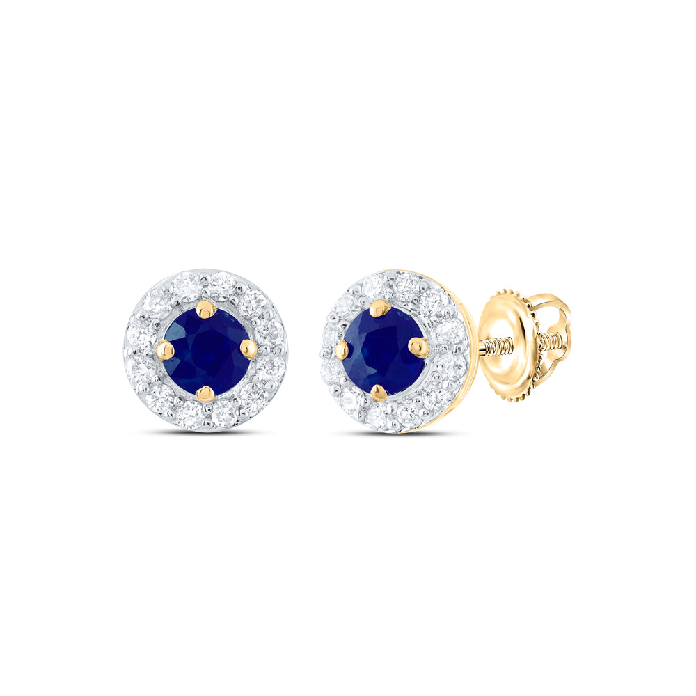 14kt Yellow Gold 1/8 Cttw Natural Diamond 3mm Round Blue Sapphire Natural Gem Stud Earring