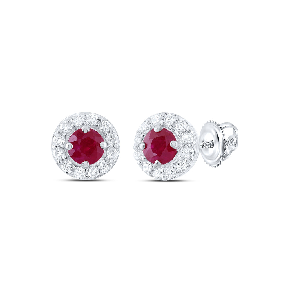14kt White Gold 1/8 Cttw Natural Diamond 3mm Round Ruby Natural Gem Stud Earring