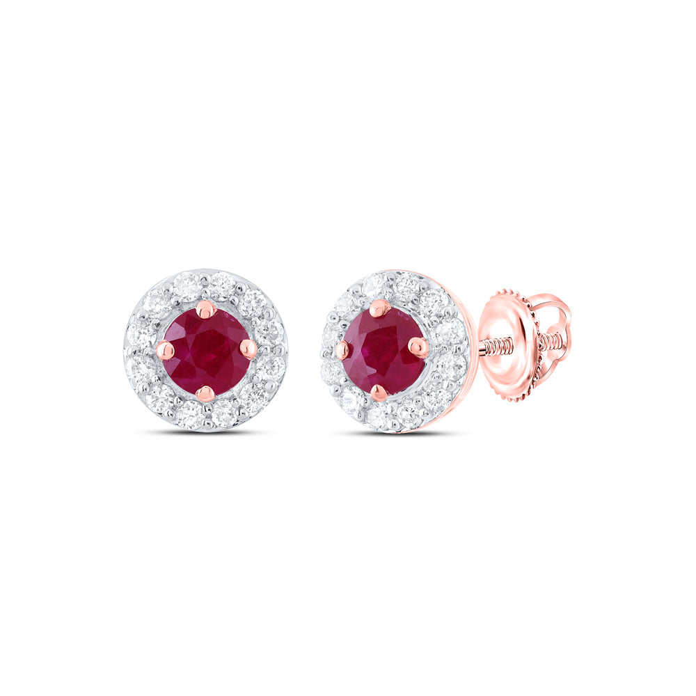 14kt Rose Gold 1/8 Cttw Natural Diamond 3mm Round Ruby Natural Gem Stud Earring