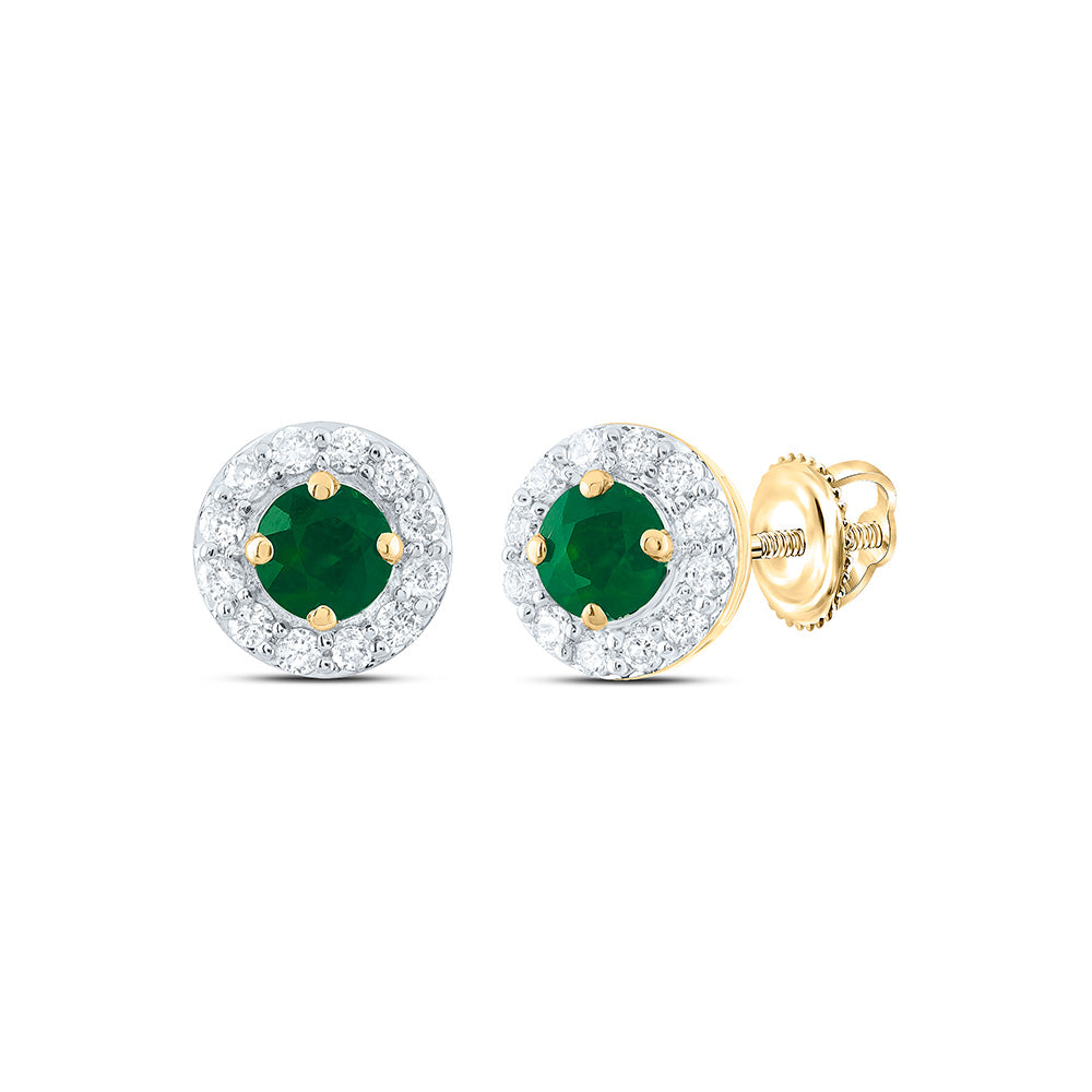 14kt Yellow Gold 1/8 Cttw Natural Diamond 3mm Round Emerald Natural Gem Stud Earring