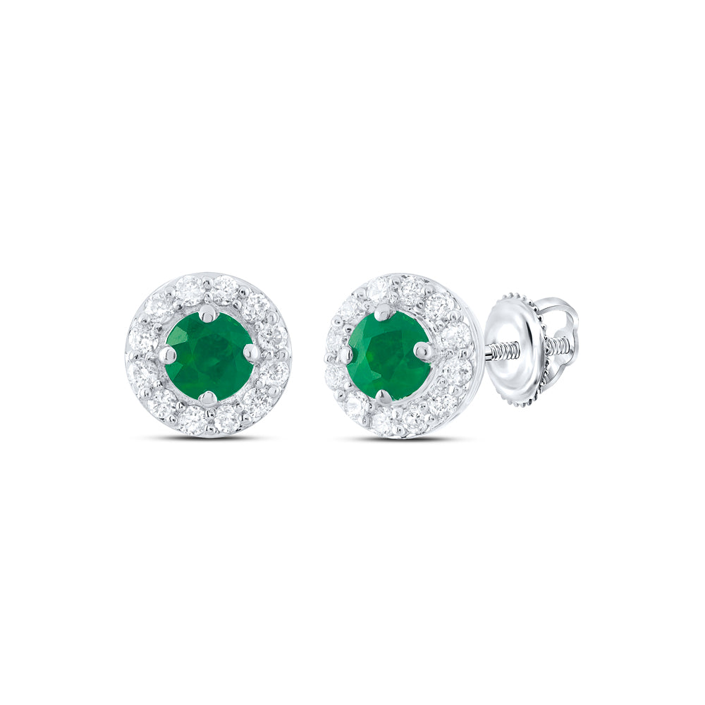14kt White Gold 1/8 Cttw Natural Diamond 3mm Round Emerald Natural Gem Stud Earring