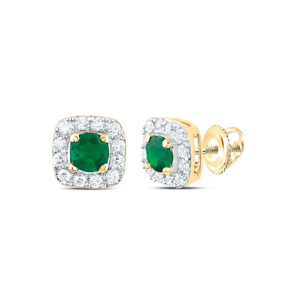 14kt Yellow Gold 1/8 Cttw Natural Diamond 3mm Round Emerald Natural Gem Stud Earring