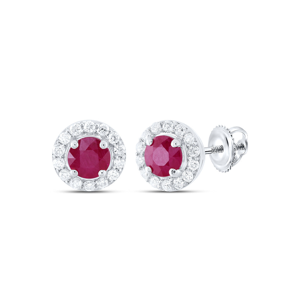 14kt White Gold 1/6 Cttw Natural Diamond 4mm Round Ruby Natural Gem Stud Earring