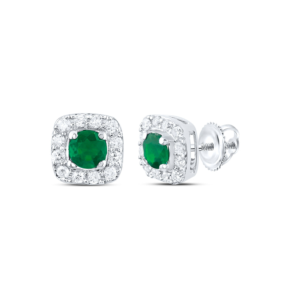 14kt White Gold 1/8 Cttw Natural Diamond 3mm Round Emerald Natural Gem Stud Earring