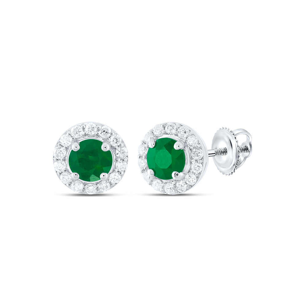 14kt White Gold 1/6 Cttw Natural Diamond 4mm Round Emerald Natural Gem Stud Earring