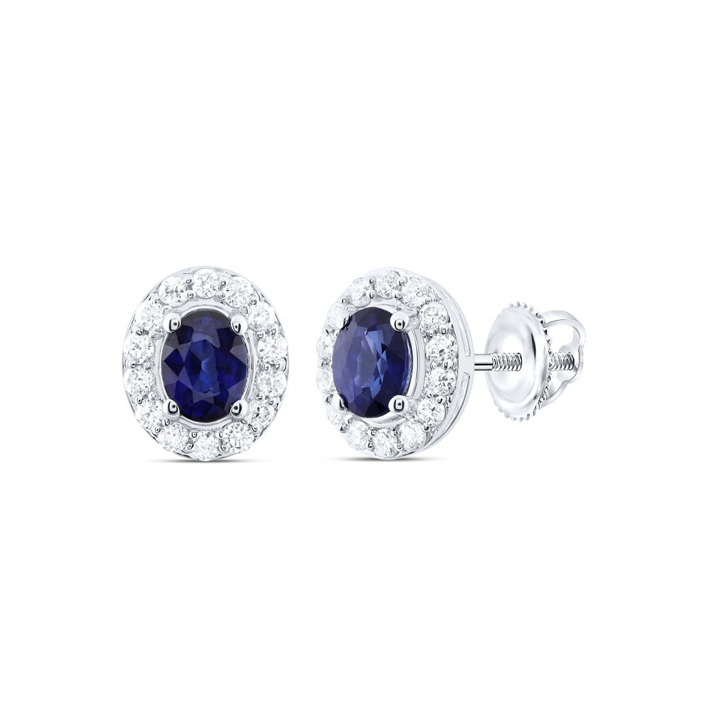 14kt White Gold 1/8 Cttw Natural Diamond 4x3mm Oval Blue Sapphire Natural Gem Stud Earring