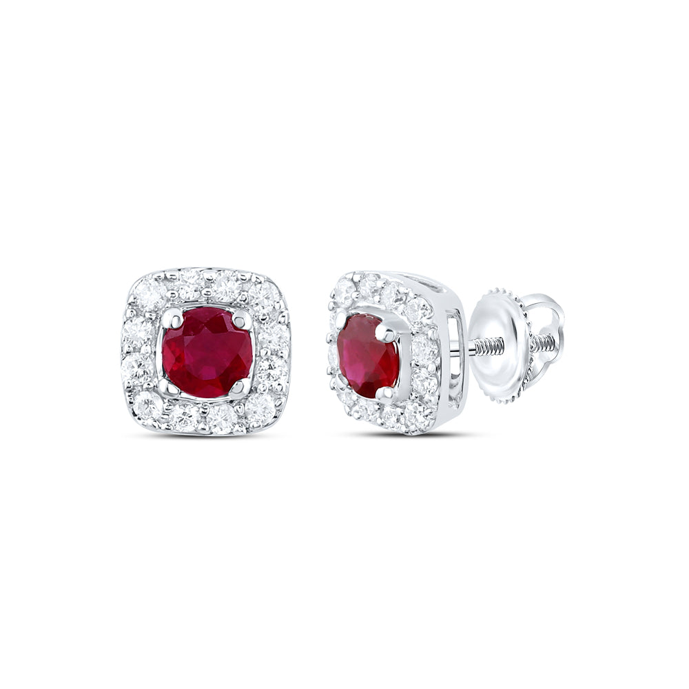 14kt White Gold 1/8 Cttw Natural Diamond 3mm Round Ruby Natural Gem Stud Earring