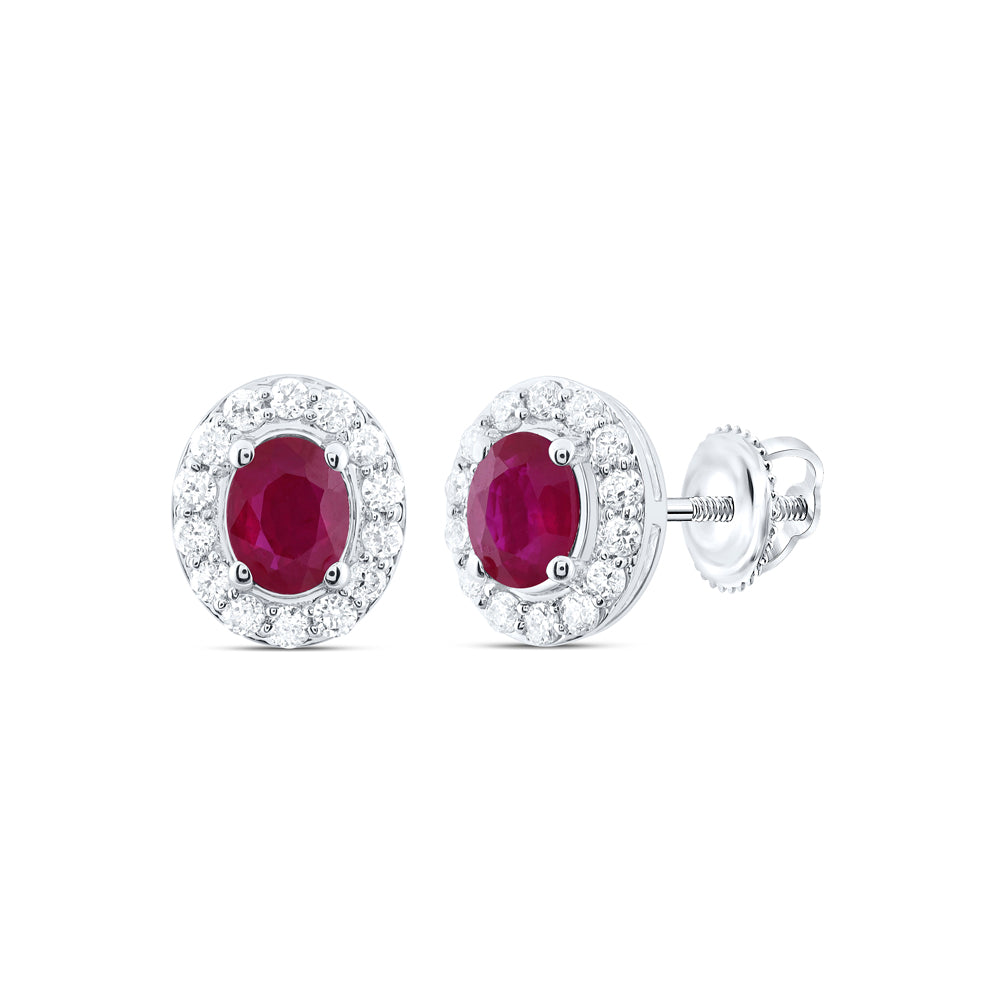 14kt White Gold 1/8 Cttw Natural Diamond 4x3mm Oval Ruby Natural Gem Stud Earring