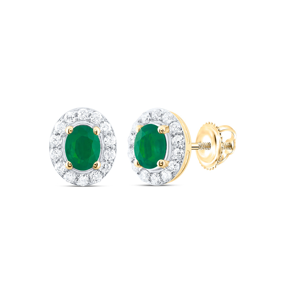 14kt Yellow Gold 1/8 Cttw Natural Diamond 4x3mm Oval Emerald Natural Gem Stud Earring