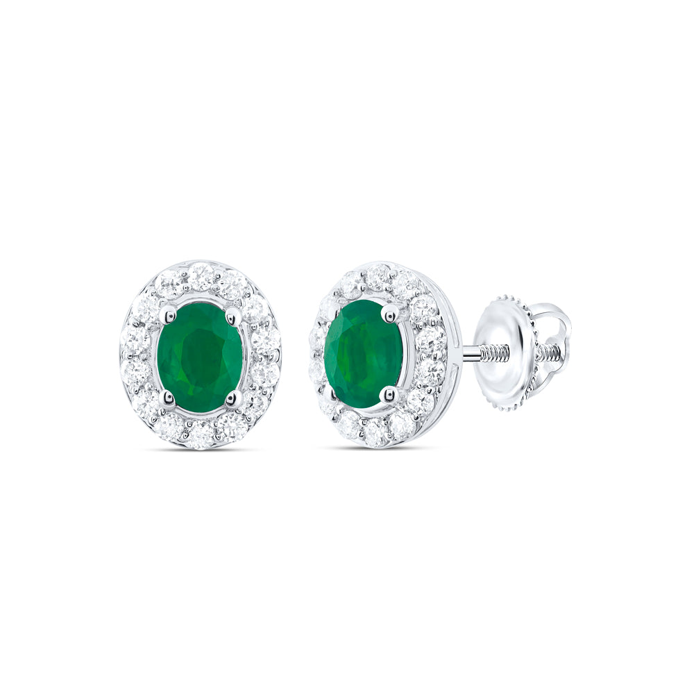 14kt White Gold 1/8 Cttw Natural Diamond 4x3mm Oval Emerald Natural Gem Stud Earring