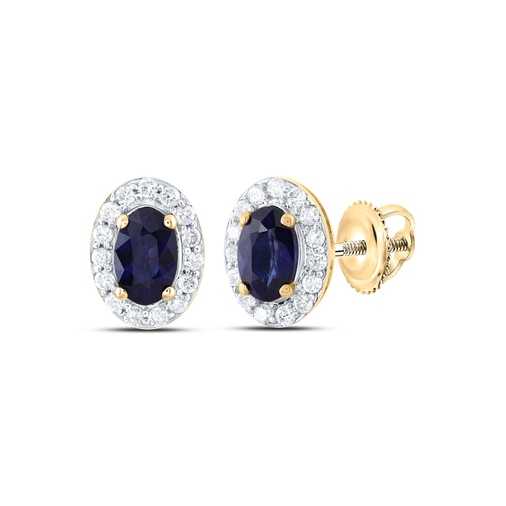 14kt Yellow Gold 1/6 Cttw Natural Diamond 5x3mm Oval Blue Sapphire Natural Gem Stud Earring