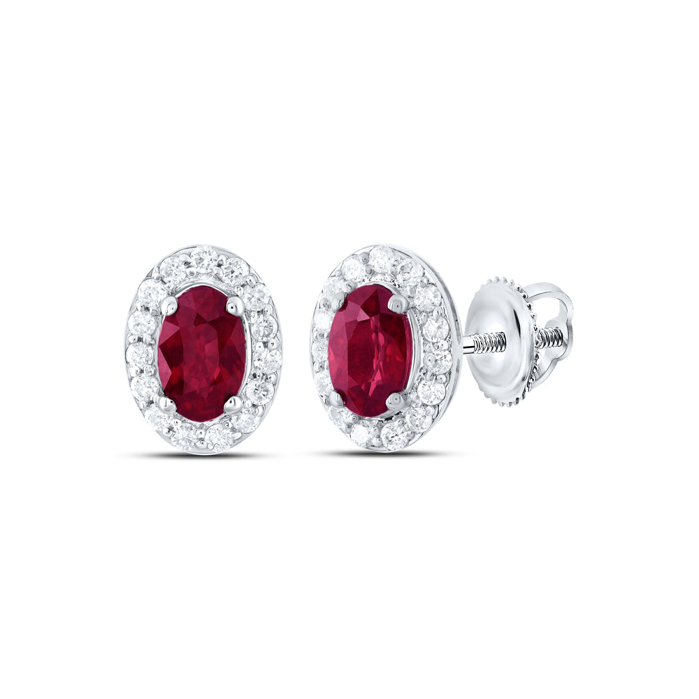 14kt White Gold 1/6 Cttw Natural Diamond 5x3mm Oval Ruby Natural Gem Stud Earring