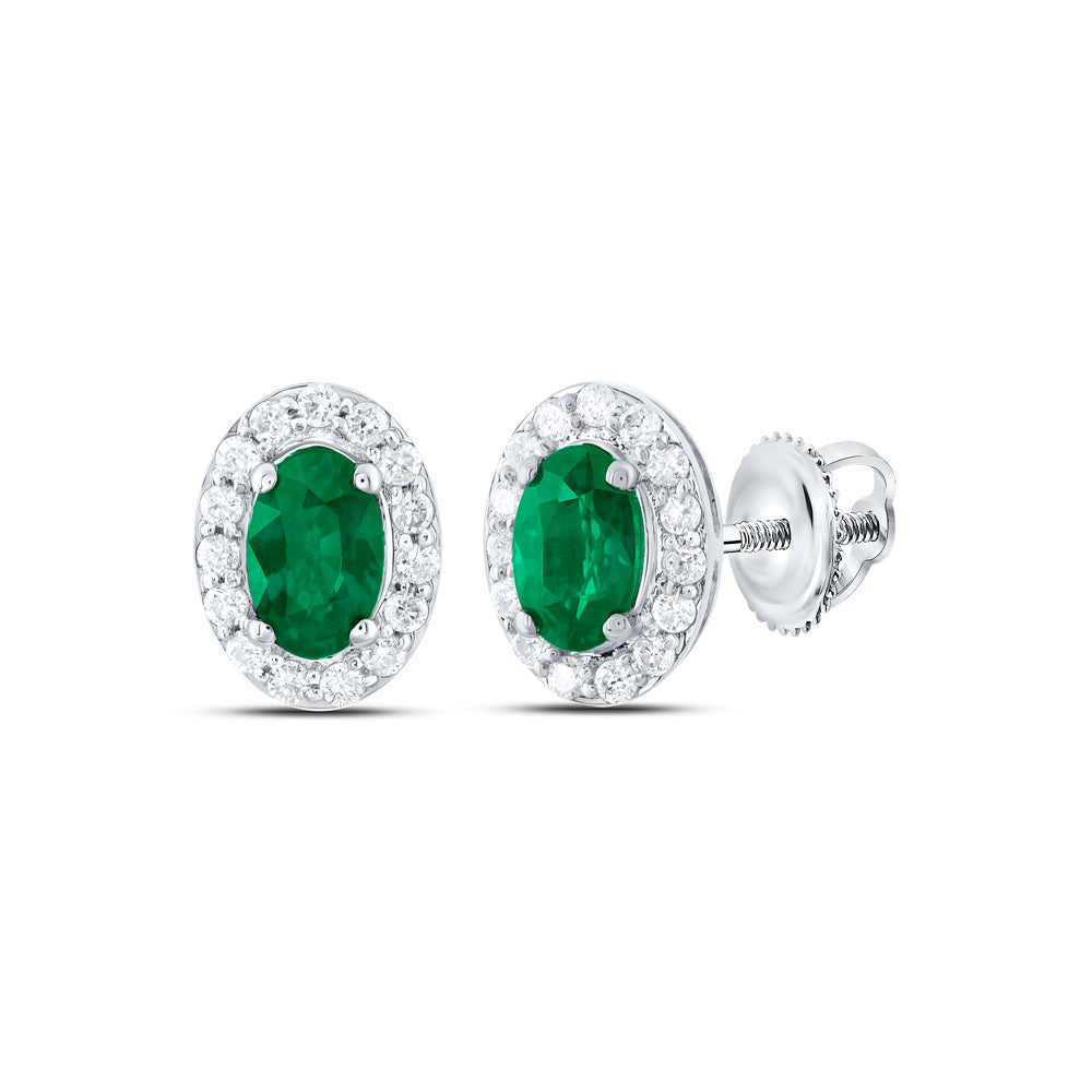 14kt White Gold 1/6 Cttw Natural Diamond 5x3mm Oval Emerald Natural Gem Stud Earring