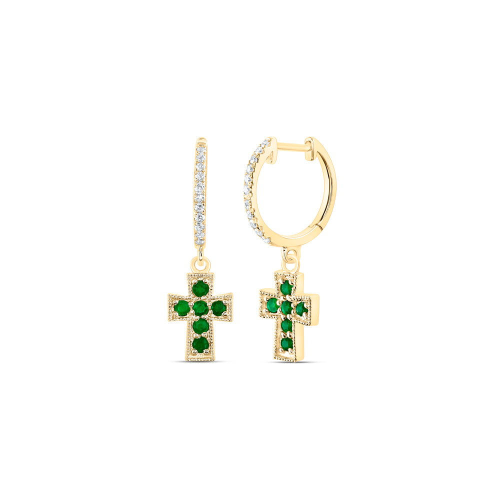 14kt Yellow Gold 1/10 Cttw Natural Diamond Ana M and 1/4 Cttw Round Emerald Natural Gem Dangling Cross Earring