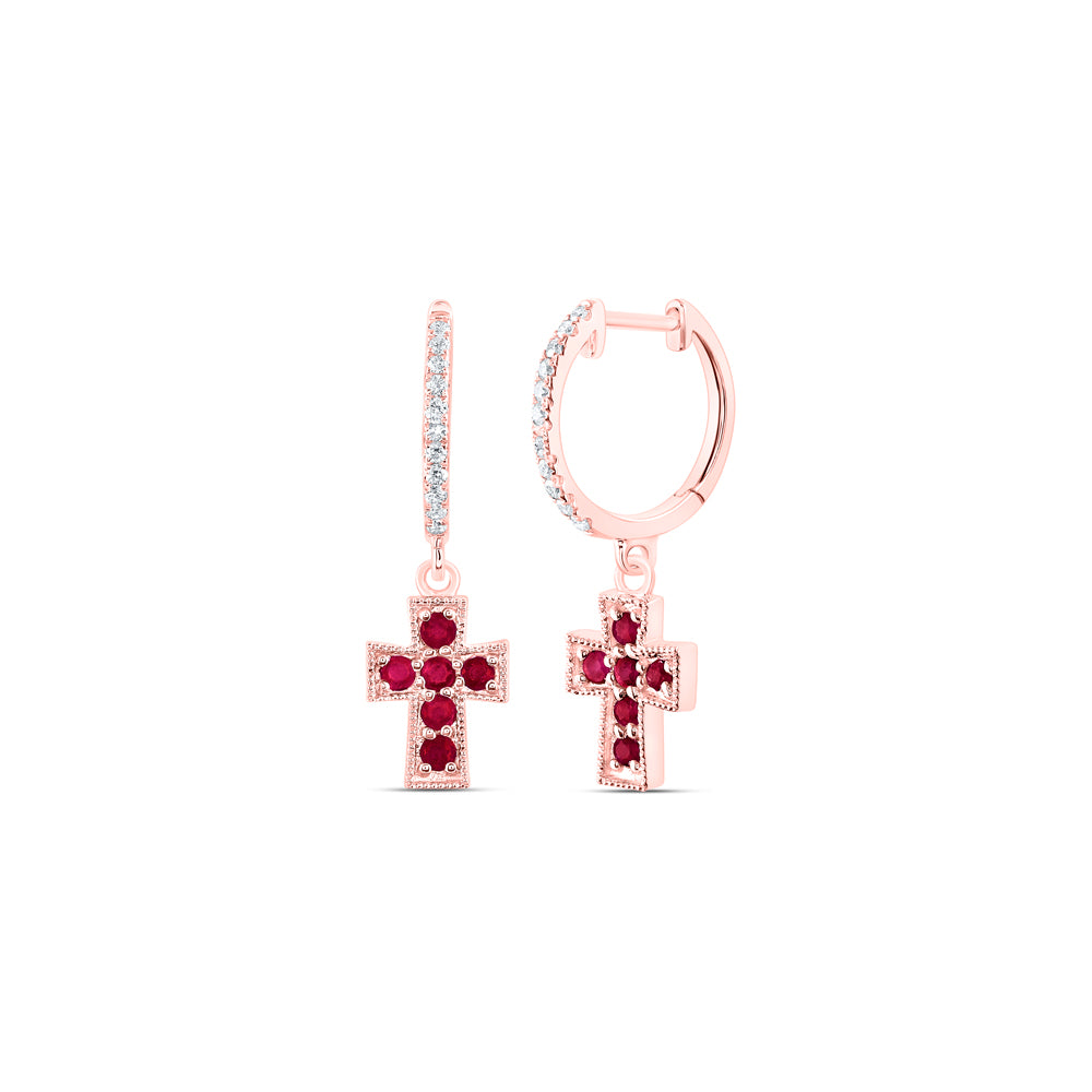 14kt Rose Gold 1/10 Cttw Natural Diamond Ana M and 1/4 Cttw Round Ruby Natural Gem Dangling Cross Earring