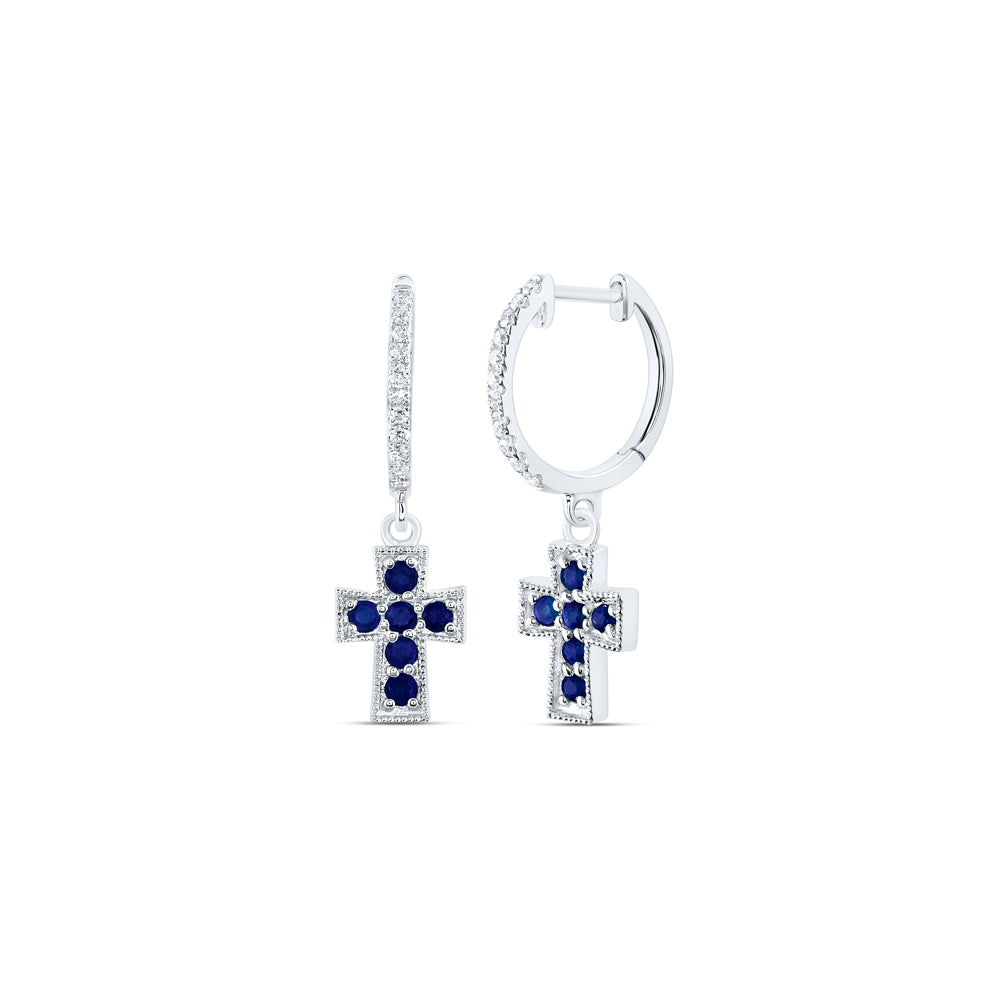 14kt White Gold 1/10 Cttw Natural Diamond Ana M and 1/3 Cttw Round Blue Sapphire Natural Gem Dangling Cross Earring