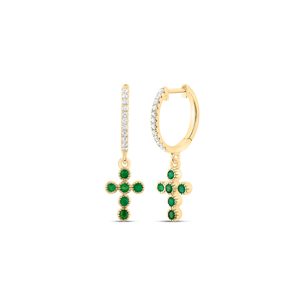 14kt Yellow Gold 1/10 Cttw Natural Diamond Ana M and 1/5 Cttw Round Emerald Natural Gem Dangling Cross Earring