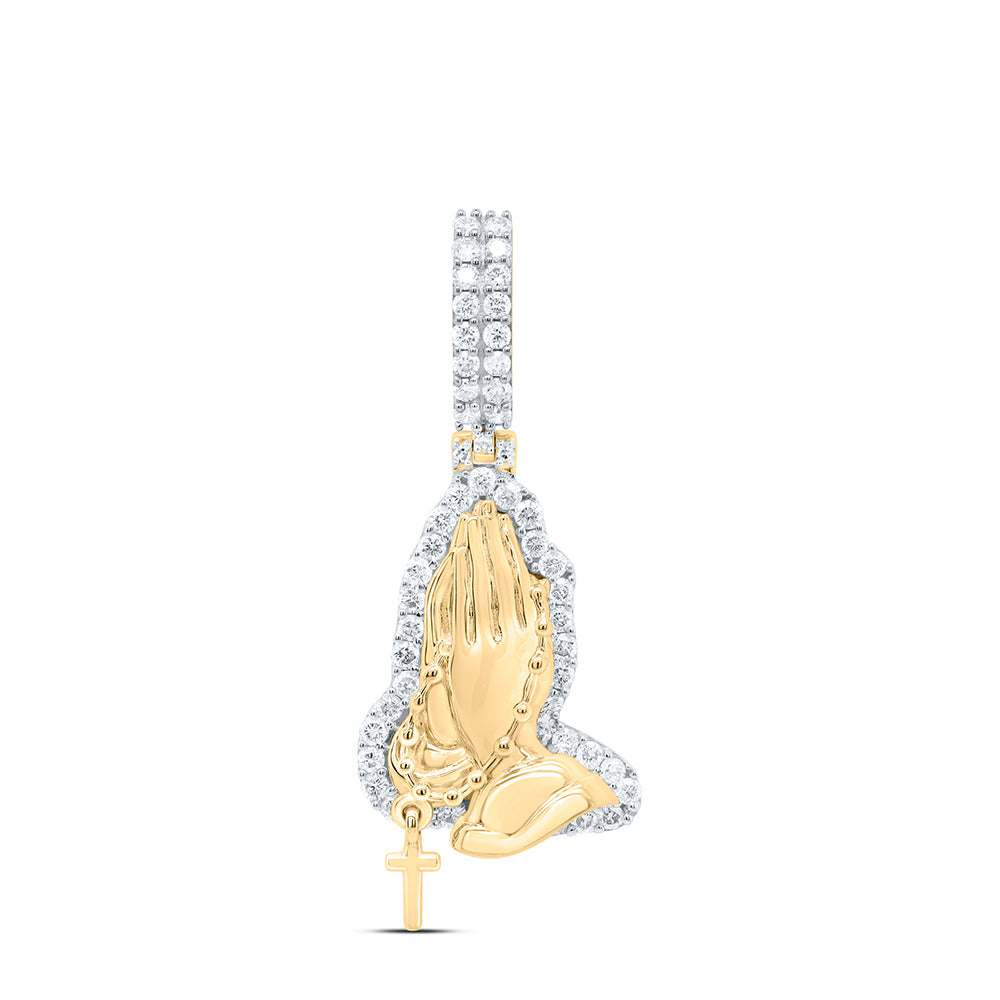 10kt Yellow Gold 1 Cttw Natural Diamond Praying Hand Cross Mens Charm