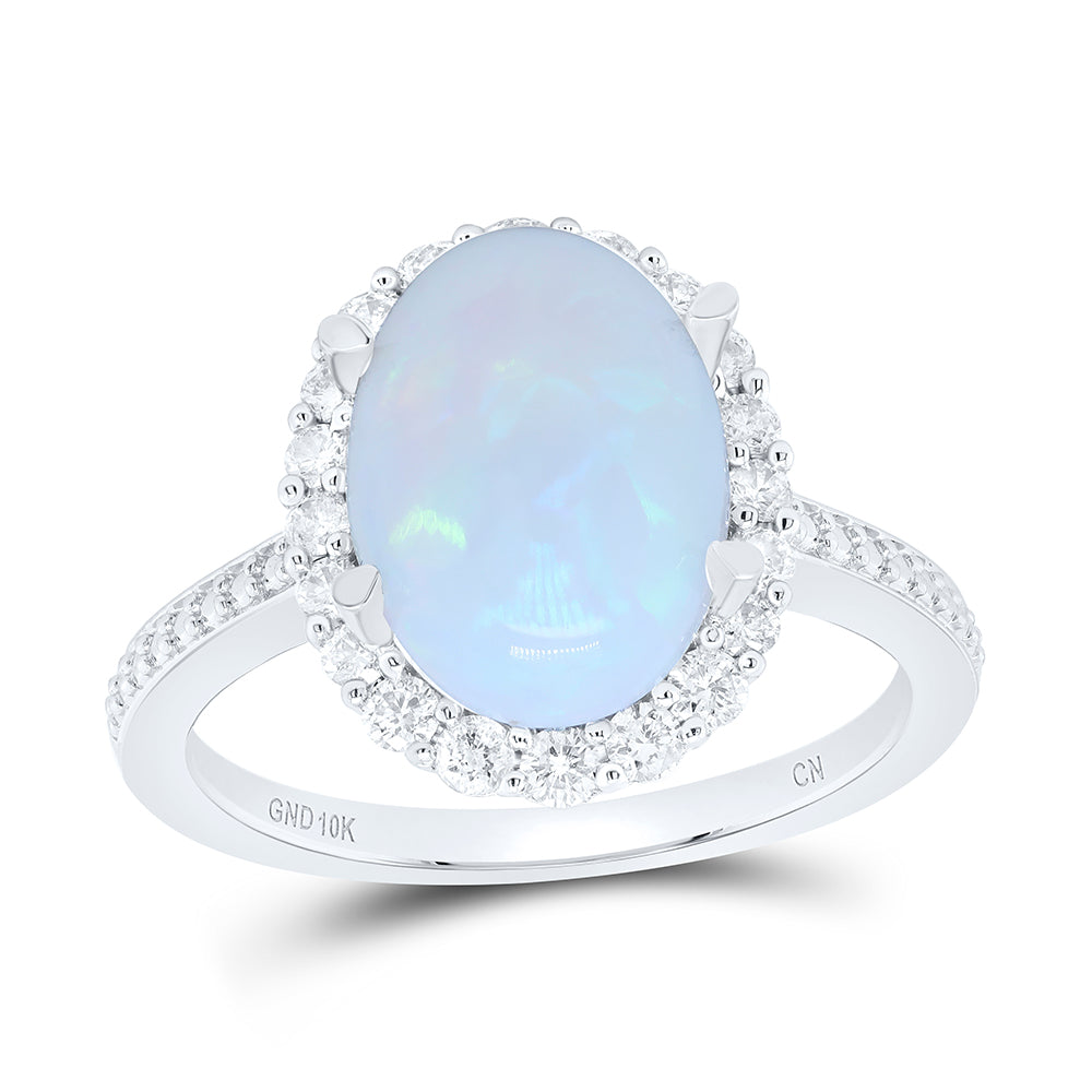 10kt White Gold 3/8 Cttw Natural Diamond 11.5x8.5mm Ov Opal Natural Gem Oval Wedding Engagement Anniversary Ring, Women Size: 5-9