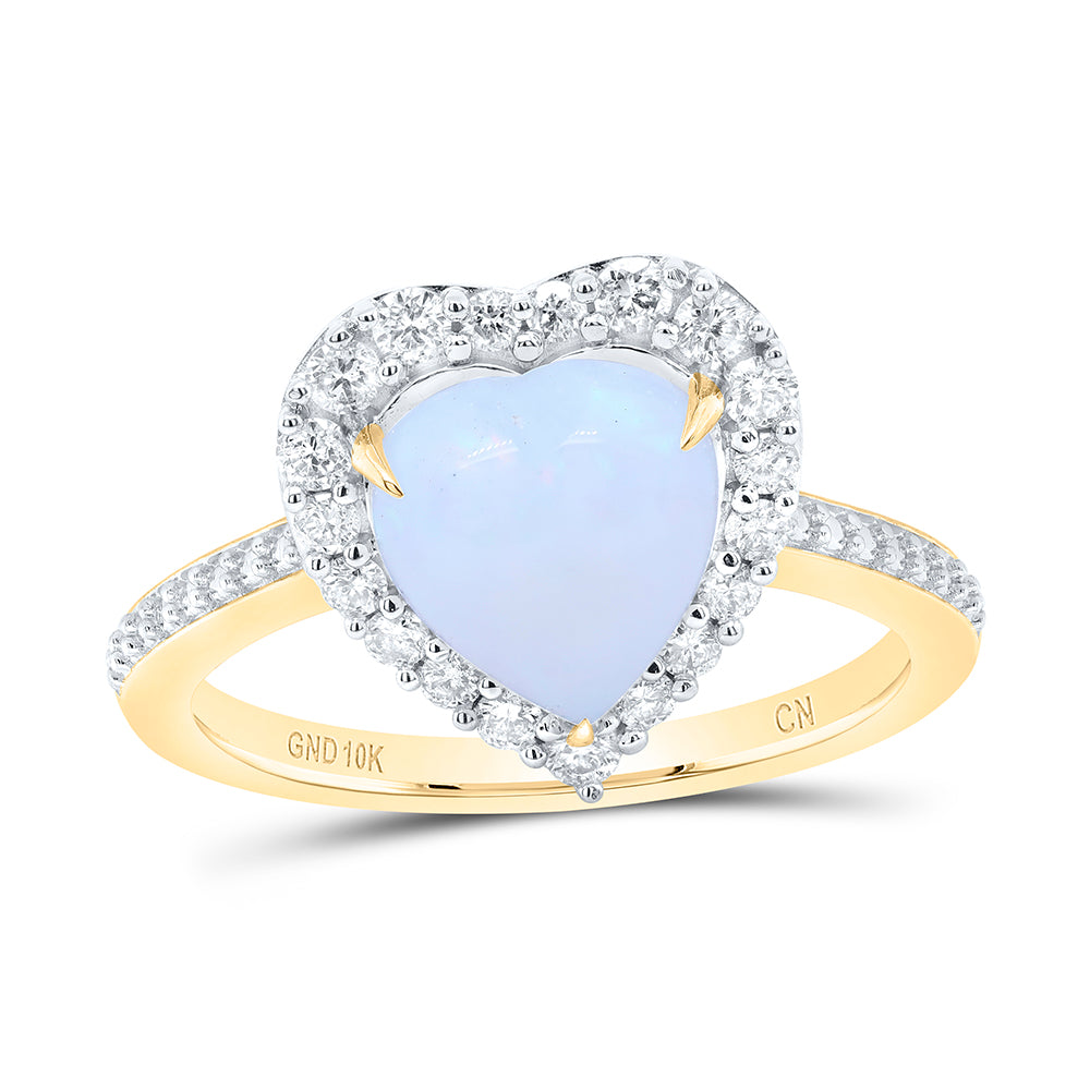 10kt Yellow Gold 3/8 Cttw Natural Diamond 8.6x9.4mm Hs Opal Natural Gem Heart Wedding Engagement Anniversary Ring, Women Size: 5-9