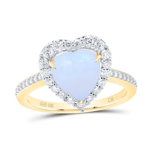 10kt Yellow Gold 3/8 Cttw Natural Diamond 8.6x9.4mm Hs Opal Natural Gem Heart Wedding Engagement Anniversary Ring, Women Size: 5-9