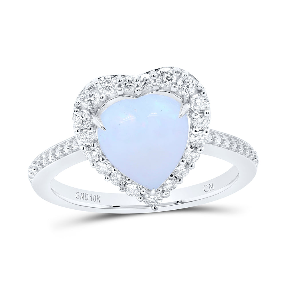 10kt White Gold 3/8 Cttw Natural Diamond 8.6x9.4mm Hs Opal Natural Gem Heart Wedding Engagement Anniversary Ring, Women Size: 5-9