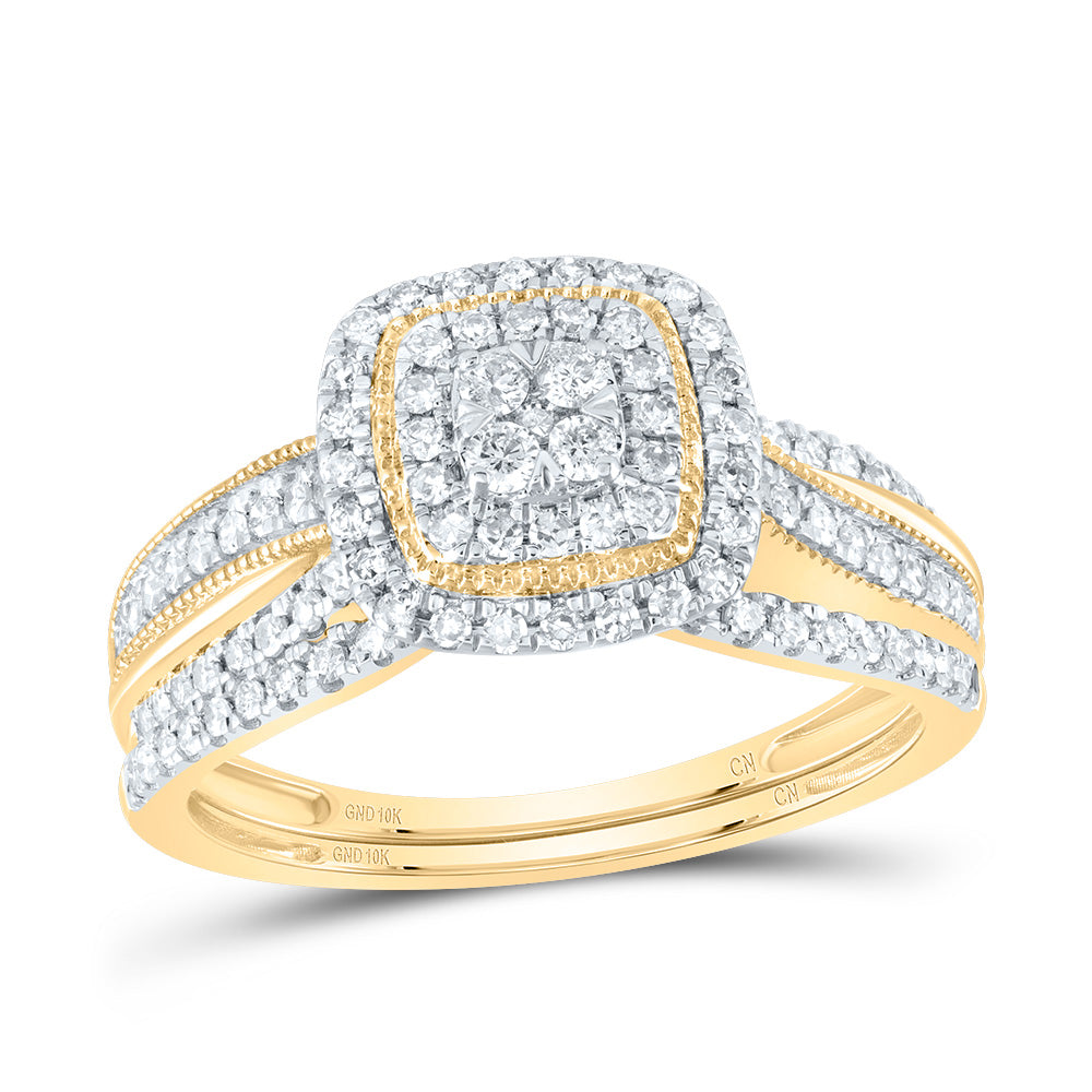 10kt Yellow Gold 1/2 Cttw Natural Diamond Cushion Double Halo Wedding Engagement Anniversary Bridal Set, Women Size: 5-9