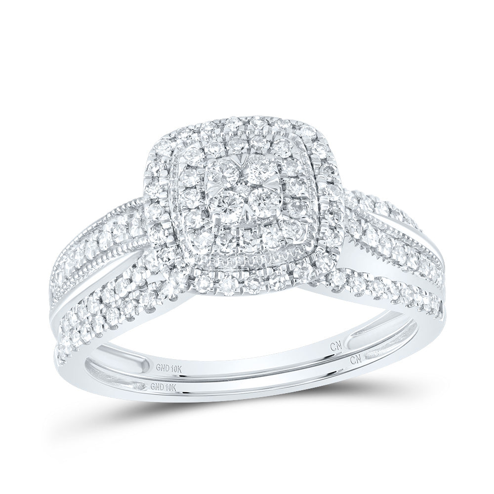 10kt White Gold 1/2 Cttw Natural Diamond Cushion Double Halo Wedding Engagement Anniversary Bridal Set, Women Size: 5-9