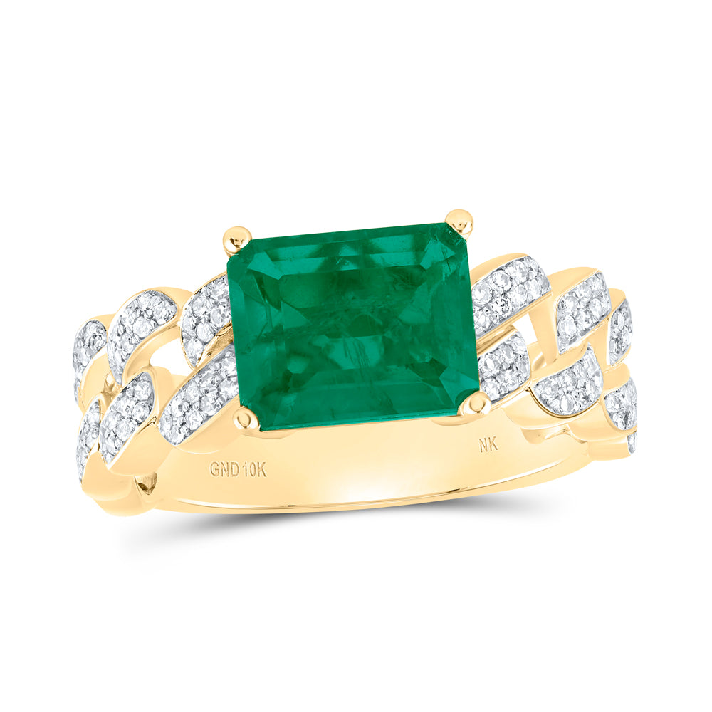 10kt Yellow Gold 1/2 Cttw Natural Diamond 10x8 Mm Emerald Emerald Synthetic Cuban Men's Ring, Men Size: 8-12
