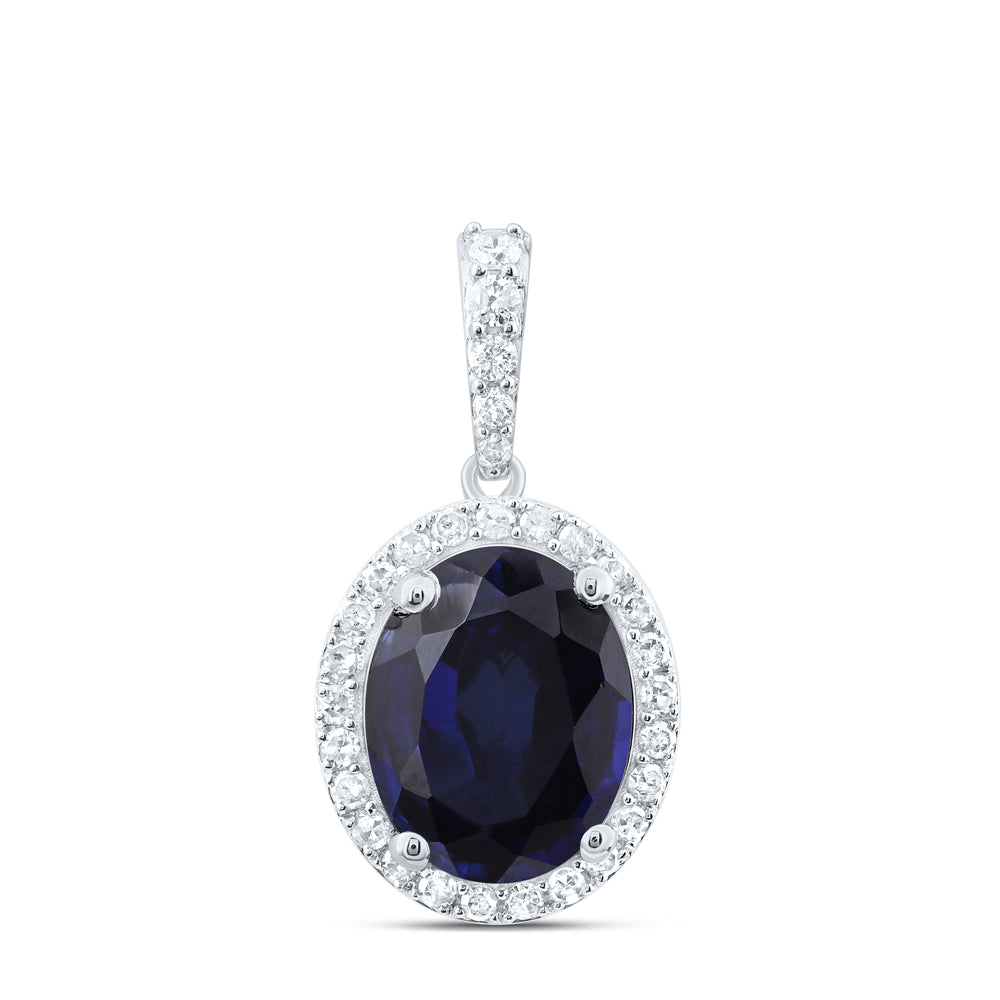 10kt White Gold 1/4 Cttw Natural Diamond 10x8 Mm Oval Blue Sapphire Synthetic Pendant