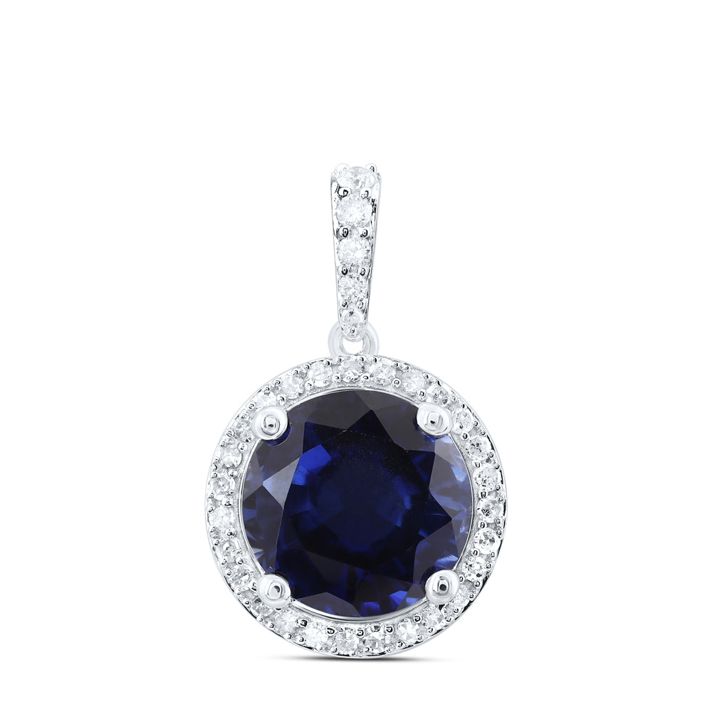 10kt White Gold 1/4 Cttw Natural Diamond 10 Mm Round Blue Sapphire Synthetic Pendant