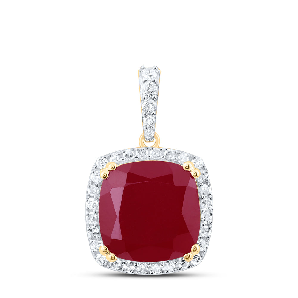 10kt Yellow Gold 1/3 Cttw Natural Diamond 10x10 Mm Cushion Ruby Synthetic Pendant