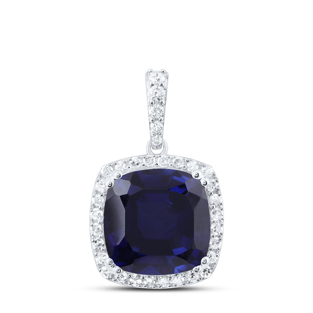 10kt White Gold 1/3 Cttw Natural Diamond 10x10 Mm Cushion Blue Sapphire Synthetic Pendant