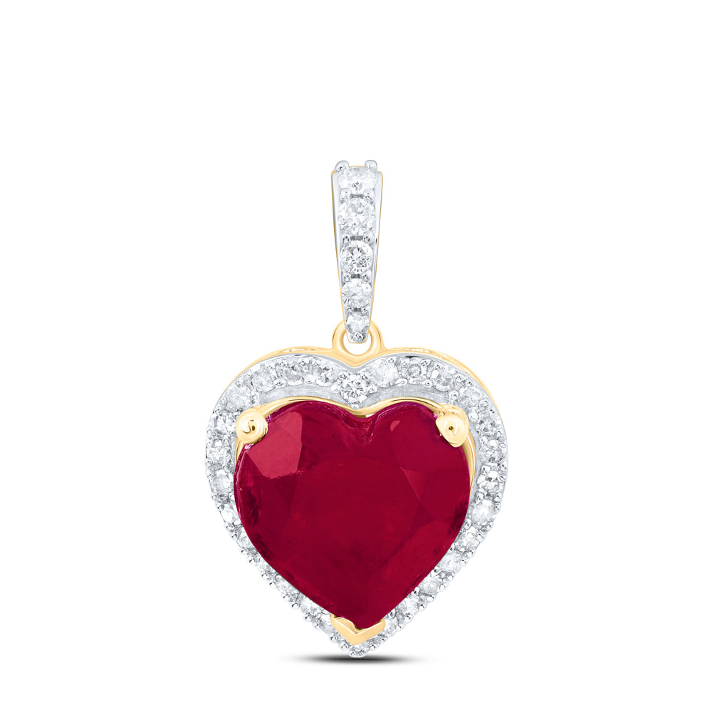 10kt Yellow Gold 1/3 Cttw Natural Diamond 10x10 Mm Heart Ruby Synthetic Pendant