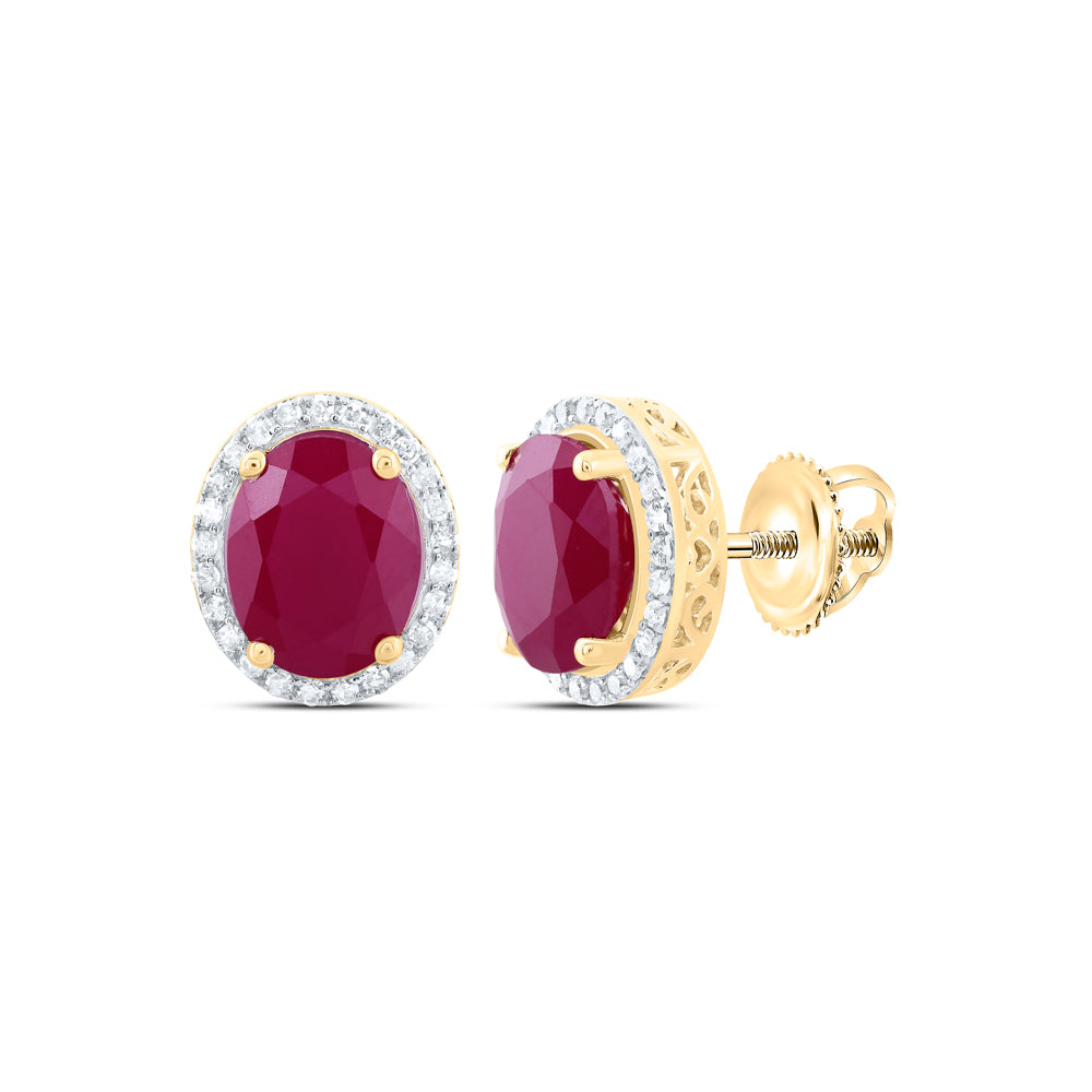 10kt Yellow Gold 3/8 Cttw Natural Diamond 10x8 Mm Oval Ruby Synthetic Earring