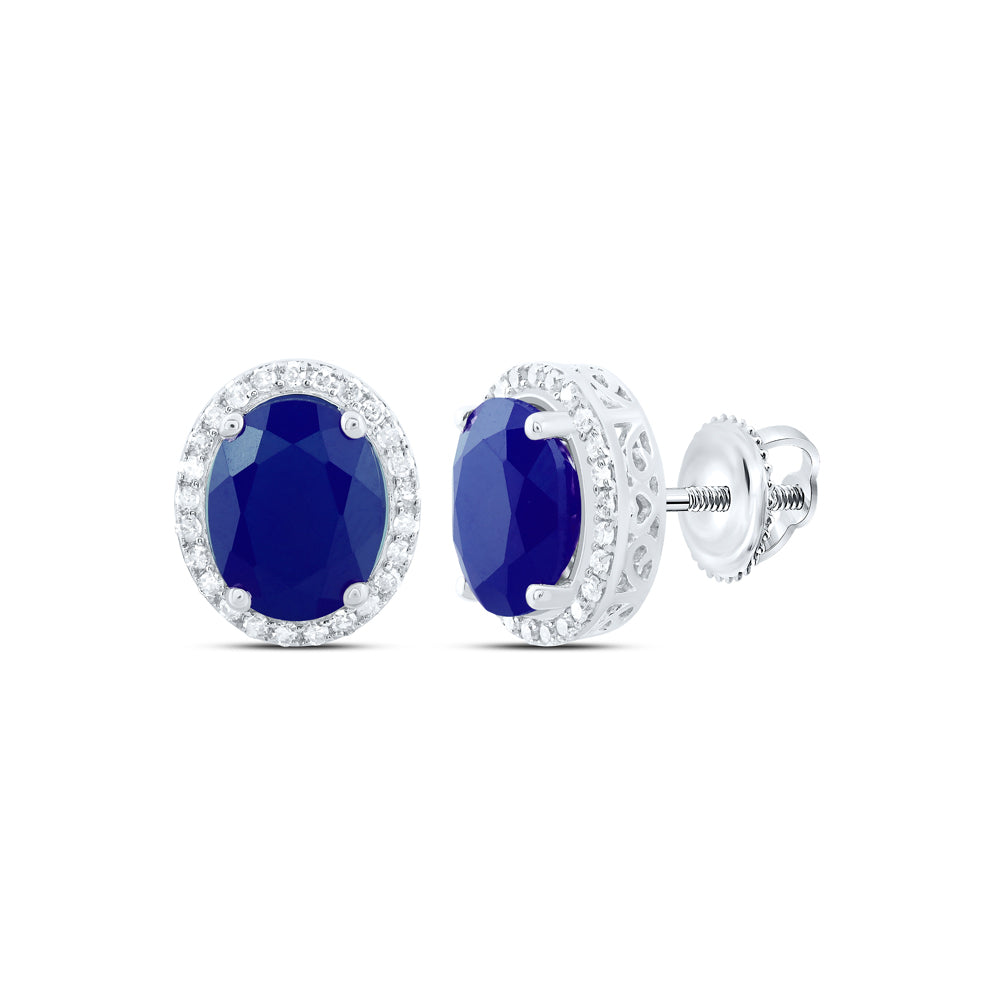 10kt White Gold 3/8 Cttw Natural Diamond 10x8 Mm Oval Blue Sapphire Synthetic Earring