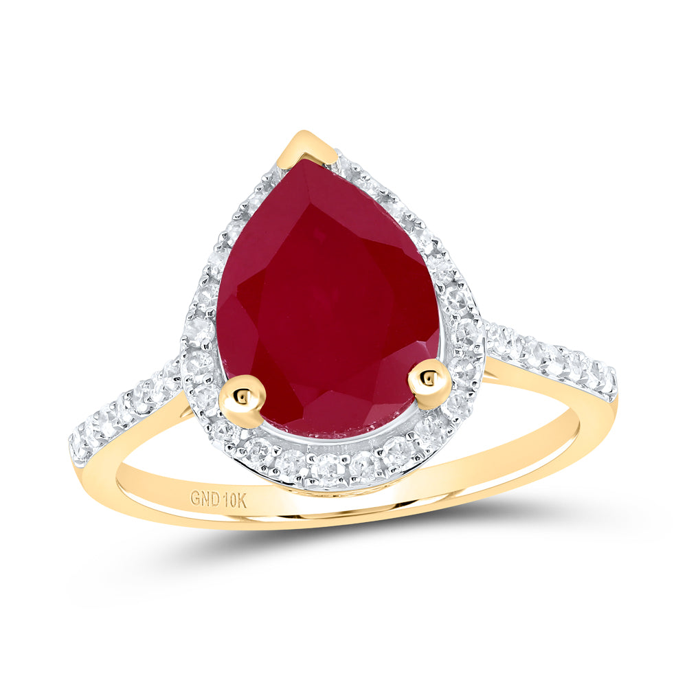 10kt Yellow Gold 1/3 Cttw Natural Diamond 10x8 Mm Pear Ruby Synthetic Wedding Engagement Anniversary Ring, Women Size: 5-9