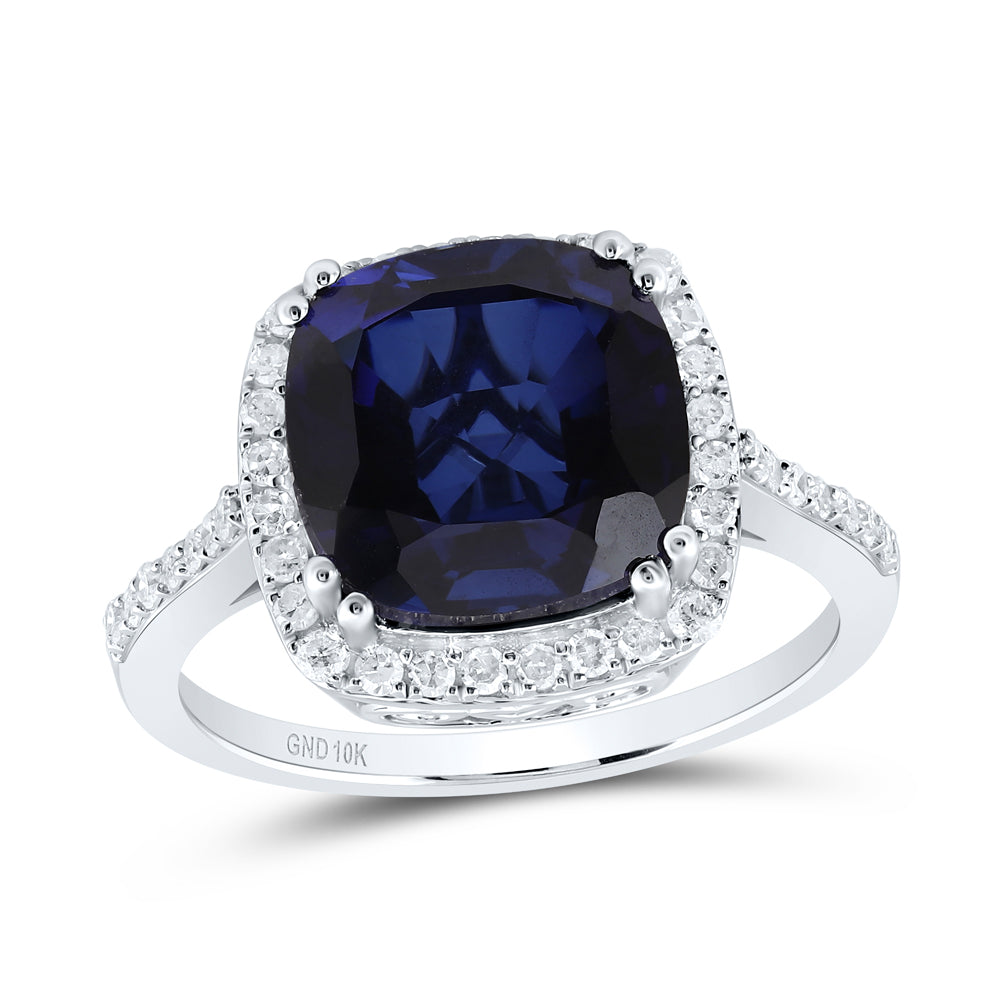 10kt White Gold 1/3 Cttw Natural Diamond 10x10 Mm Cushion Blue Sapphire Synthetic Wedding Engagement Anniversary Ring, Women Size: 5-9