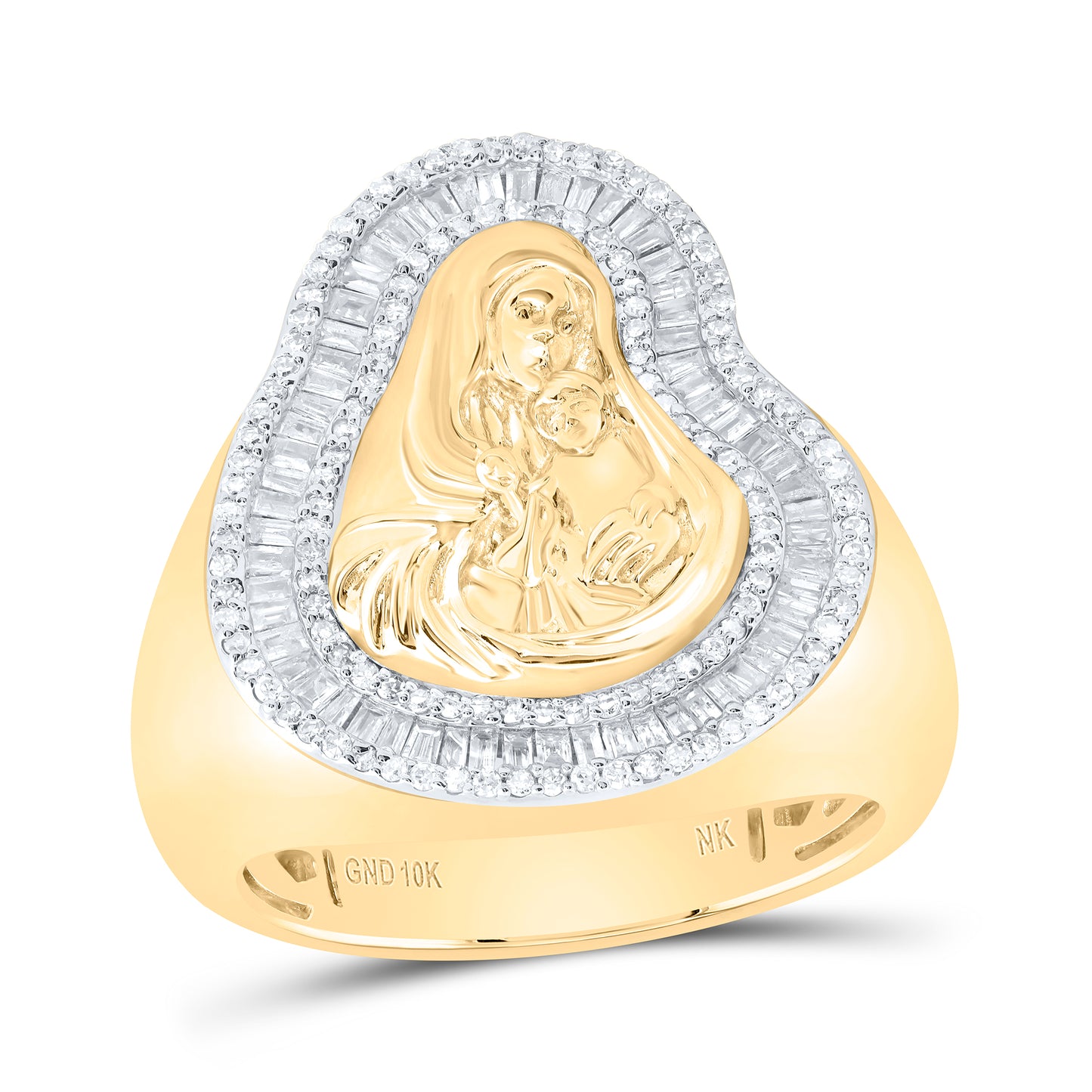 10kt Yellow Gold 3/4 Cttw Natural Diamond Mother Mary Mens Ring, Men Size: 8-12