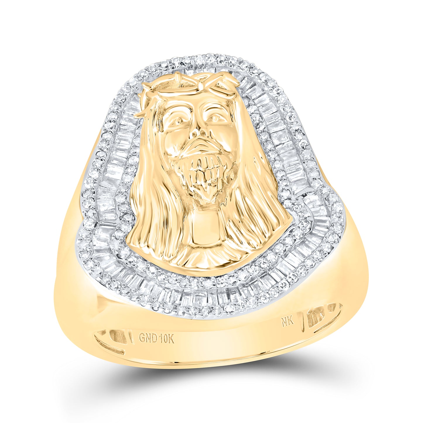 10kt Yellow Gold 3/4 Cttw Natural Diamond Jesus Mens Ring, Men Size: 8-12