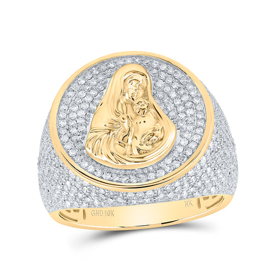 10kt Yellow Gold 1 7/8 Cttw Natural Diamond Mother Mary Mens Ring, Men Size: 8-12