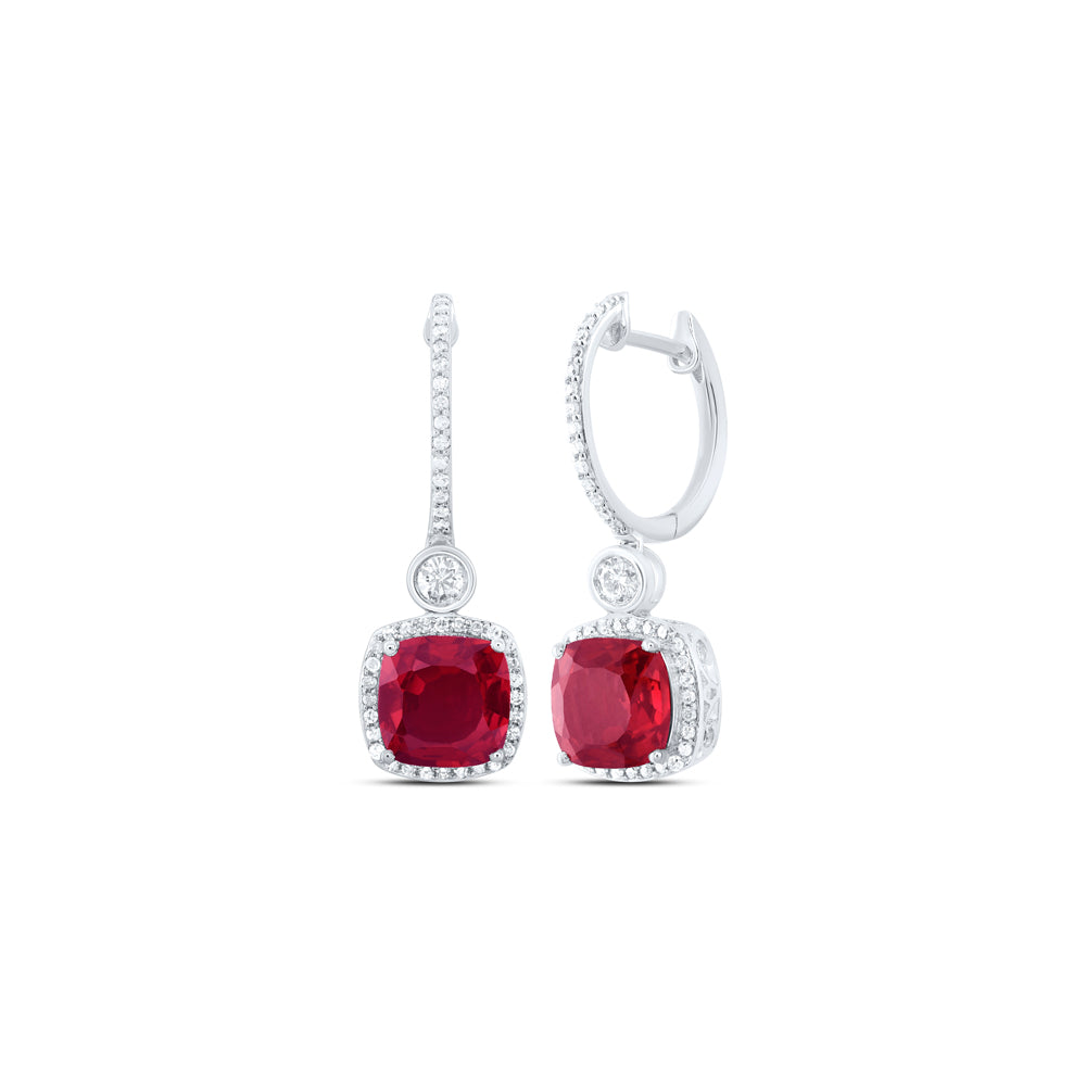 10kt White Gold 1/2 Cttw Natural Diamond 8 Mm Cushion Ruby Synthetic Dangling Earring